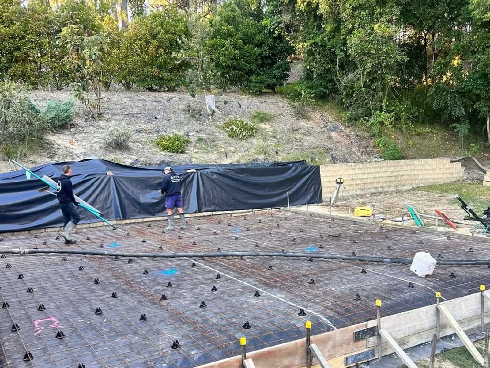 Rebar grid set out in formwork, ready for the pour — backyard slab in eucalyptus bushland, Mid North Coast NSW